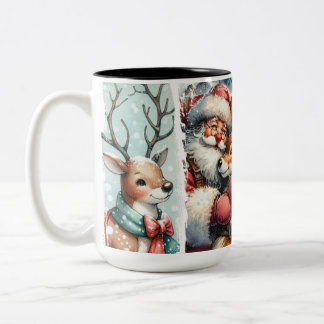 Whimsical Christmas Art – Santa, Reindeer, Tree Two-Tone Coffee Mug
