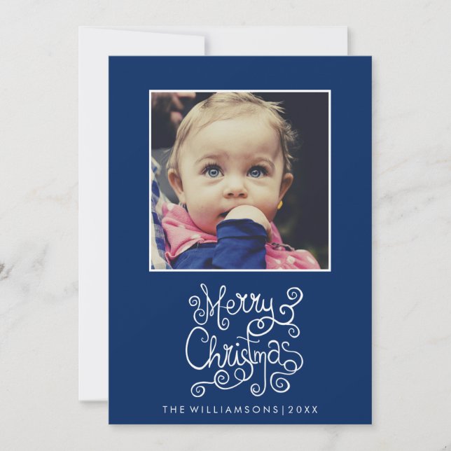 Whimsical Christmas Blue Calligraphy Swirl Photo Holiday Card (Front)