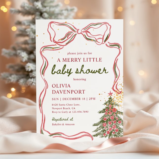 Whimsical Christmas Bow Merry Little Baby Shower Invitation (Creator Uploaded)