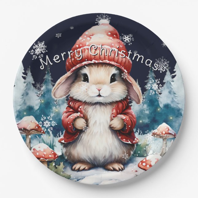 Whimsical Christmas Bunny Holiday Party Paper Plate (Front)