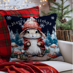 Whimsical Christmas Bunny Personalized Cushion