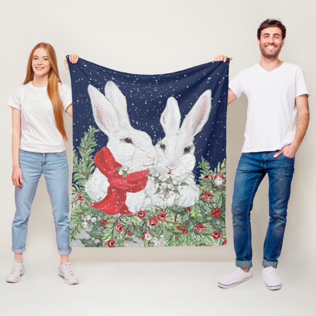 Whimsical Christmas Bunny Rabbit Festive Holiday Fleece Blanket (In Situ)
