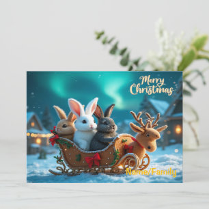 Whimsical Christmas Bunny Sleigh Ride Holiday Card