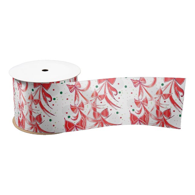 Whimsical Christmas Candy cane bows pattern Satin Ribbon (Spool)