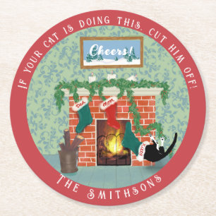 Whimsical Christmas Cat and Stockings Scene Round Paper Coaster