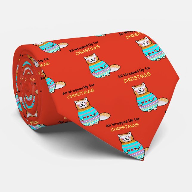 Whimsical Christmas Cat Holiday Cheer Tie (Rolled)