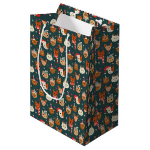Whimsical Christmas Cat Pattern Green Medium Gift Bag