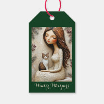 Whimsical Christmas Cat Winter Maiden Art Gift Tag