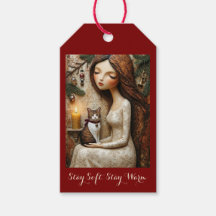 Whimsical Christmas Cat Winter Maiden Art Gift Tag