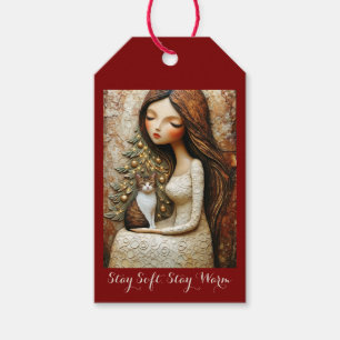 Whimsical Christmas Cat Winter Maiden Art Gift Tag