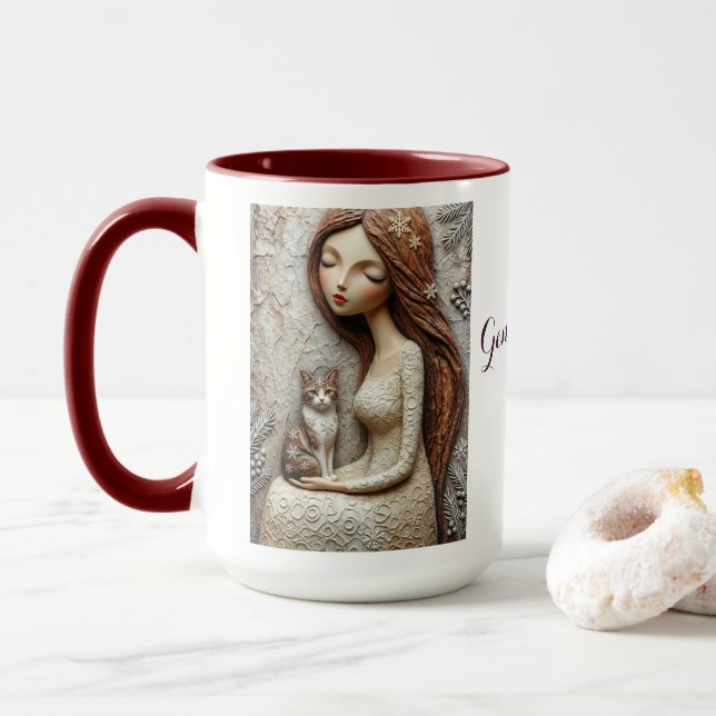Whimsical Christmas Cat Winter Maiden Art Mug (With Donut)