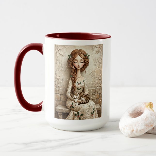 Whimsical Christmas Cat Winter Maiden Mug (With Donut)
