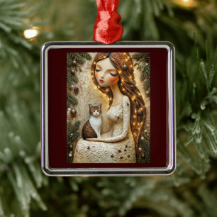 Whimsical Christmas Cat Winter Maiden Ornament