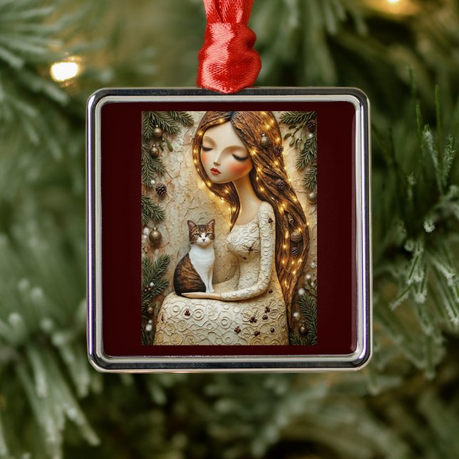 Whimsical Christmas Cat Winter Maiden Ornament (Tree)