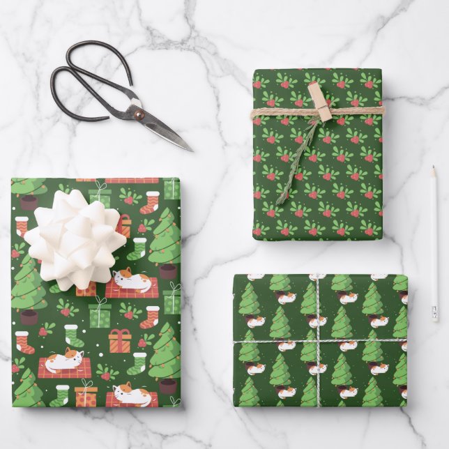 Whimsical Christmas Cats Wrapping Paper Sheet (Front)