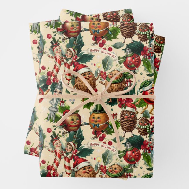Whimsical Christmas Characters Wrapping Paper Sheet (In situ)