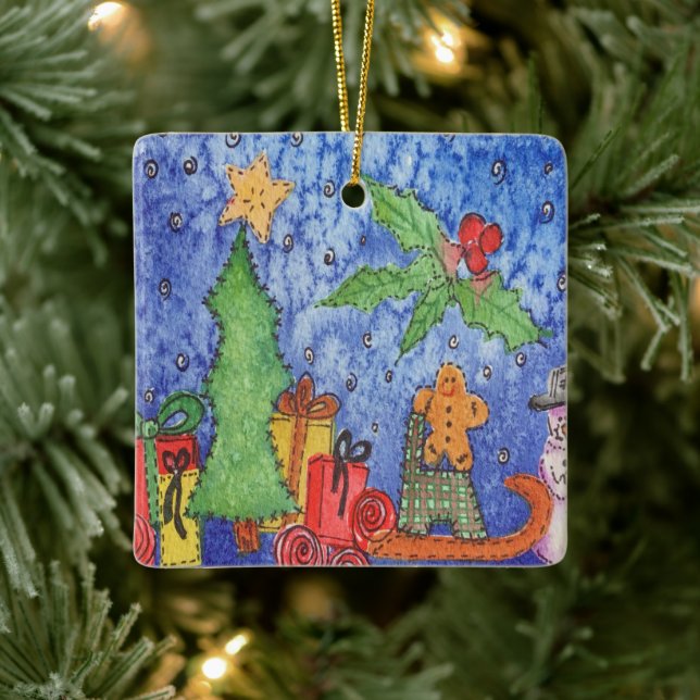 Whimsical Christmas Cheer Watercolor Painting  Ceramic Ornament (Tree)