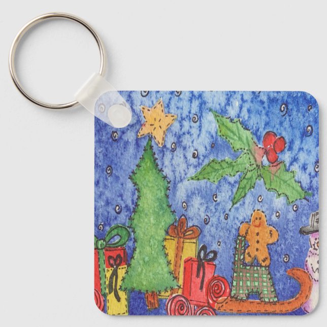 Whimsical Christmas Cheer Watercolor Painting Key Ring (Front)