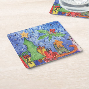 Whimsical Christmas Cheer Watercolor Painting Square Paper Coaster