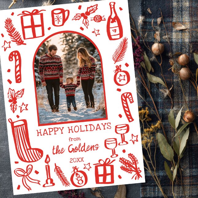 Whimsical Christmas  Cute Custom Arch PHOTO  Holiday Card (Whimsical Christmas Cute Custom Arch PHOTO Modern Doodle Sketch Holiday Card
)