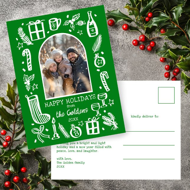 Whimsical Christmas  Cute Custom Arch PHOTO  Holiday Postcard (Whimsical Christmas Doodle Sketch Green White Cute Custom Arch PHOTO Holiday Postcard
)