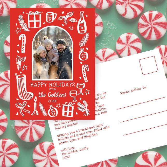 Whimsical Christmas  Cute Custom Arch PHOTO  Holiday Postcard (Whimsical Christmas Cute Doodle Sketch Custom Arch PHOTO Holiday Postcard
)