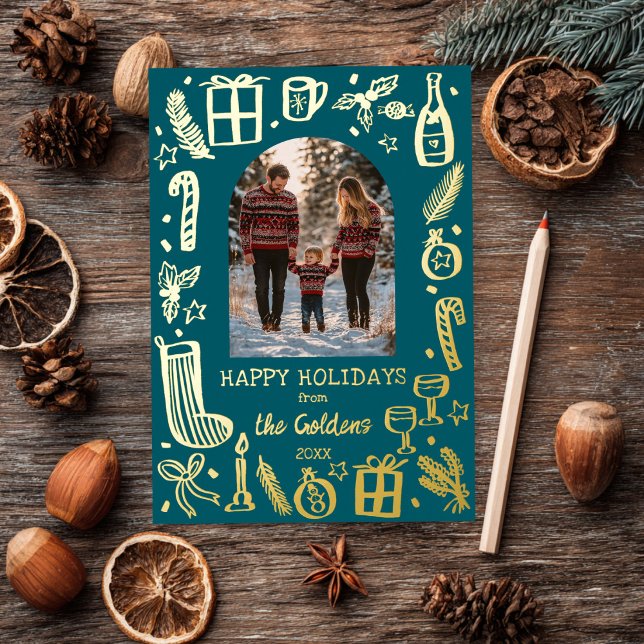 Whimsical Christmas  Cute Custom PHOTO GOLD (Whimsical Christmas Cute Custom Arch PHOTO teal GOLD Foil Holiday Card
)