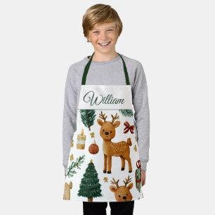 Whimsical Christmas Deer Custom Name Kids Apron