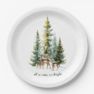 Whimsical Christmas Deers in Forest Paper Plates