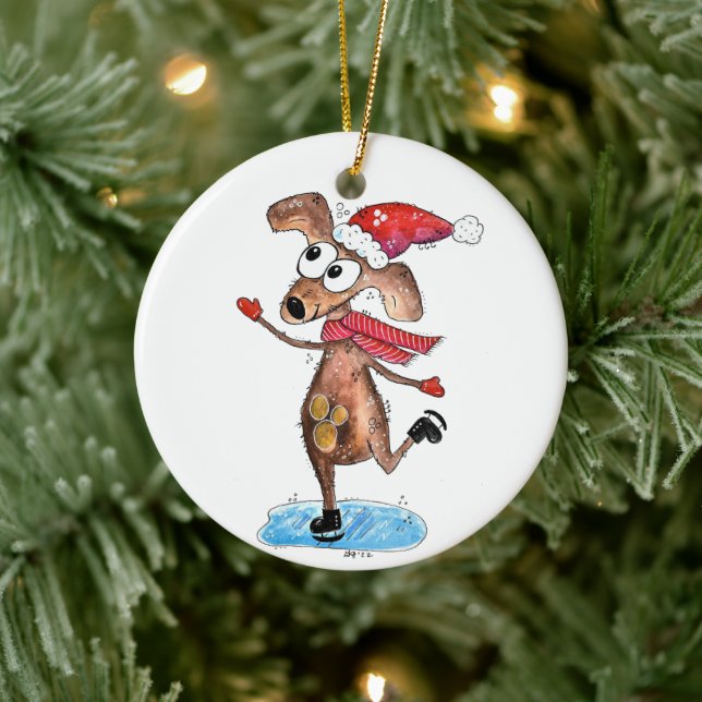 Whimsical Christmas Dog on Ice Skates Ceramic Tree Decoration (Tree)