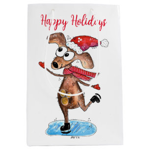 Whimsical Christmas Dog on Ice Skates Medium Gift Bag