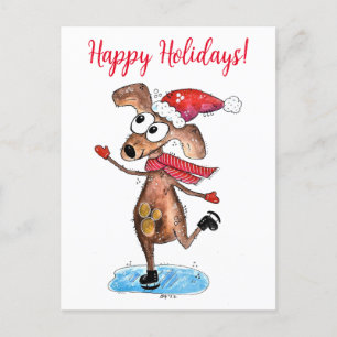 Whimsical Christmas Dog on Ice Skates Postcard