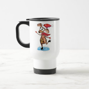 Whimsical Christmas Dog on Ice Skates Travel Mug