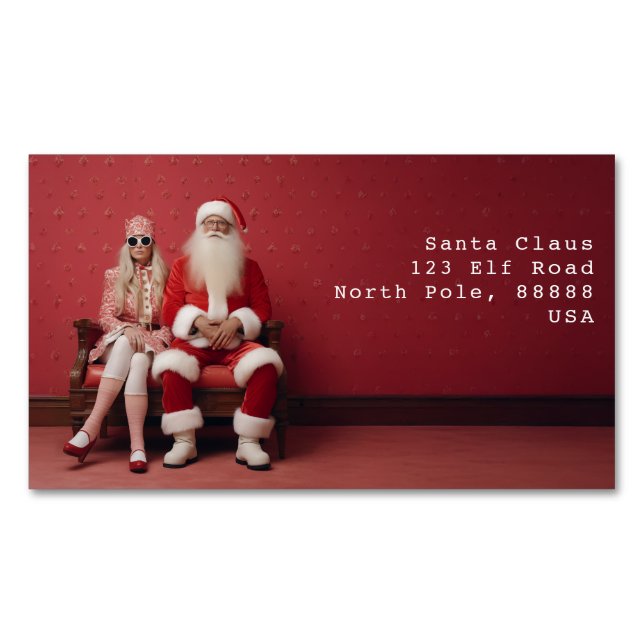 Whimsical Christmas Duo: Santa and Mrs. Claus Magnetic Business Card (Front)