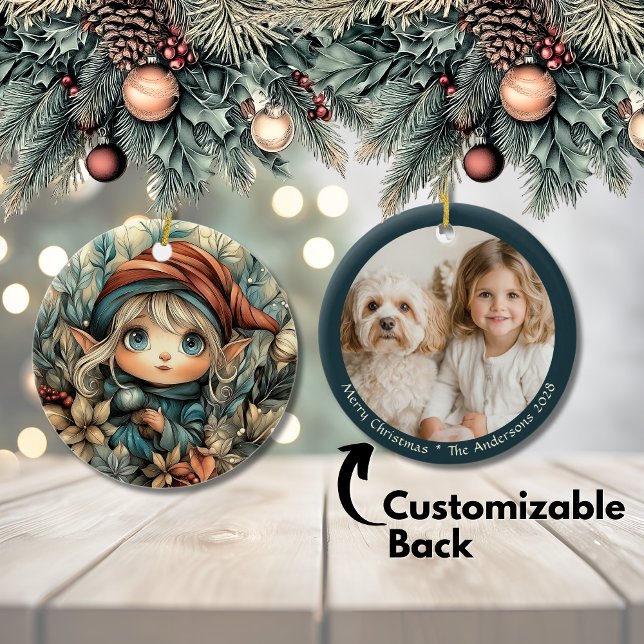 Whimsical Christmas Elf Customisable Ceramic Tree Decoration (Whimsical Christmas Elf Customizable Ceramic Ornament)