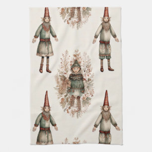 Whimsical Christmas Elf Folk Art Cream Green Red Tea Towel