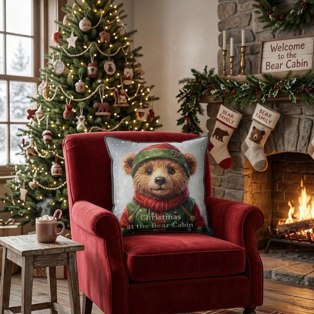 Whimsical Christmas Elf Teddy Bear Folklore Cushion (Cute Festive Teddy Bear Elf, whimsical storybook woodland animal Christmas Cushion, Holiday Pillow)