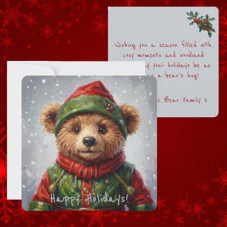 Whimsical Christmas Elf Teddy Bear Painterly Style Holiday Card