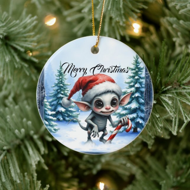 Whimsical Christmas Elf with Candy Cane. Ceramic Tree Decoration (Tree)