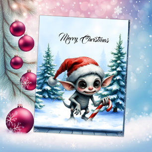 Whimsical Christmas Elf with Candy Cane.  Holiday Card