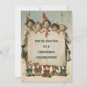 Whimsical Christmas Elves Peeking Over Sign Holiday Card