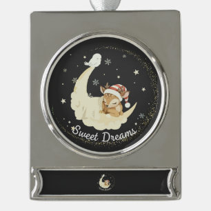 Whimsical Christmas Fawn Sleeping on Moon Sweet Silver Plated Banner Ornament
