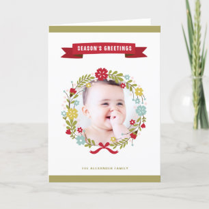 Whimsical Christmas Floral Wreath Photo Card