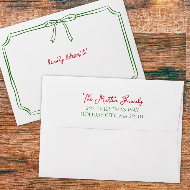 Whimsical Christmas | Fun Festive Bow Holiday Card Envelope (Add festive flair to your holiday cards with this red and green bow-themed envelope.)