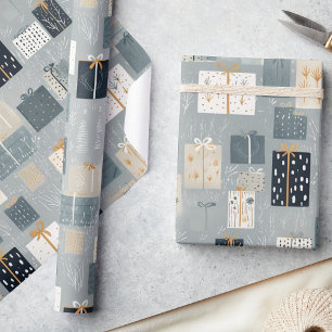 Whimsical Christmas Gifts in Grey Gold & Black  Wrapping Paper