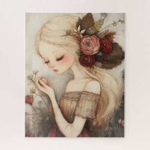Whimsical Christmas Girl Festive Floral Fine Art Jigsaw Puzzle