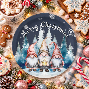 Whimsical Christmas Gnome Family Party Blue Paper Plate