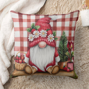 Whimsical Christmas gnome Red chequered pattern Cushion
