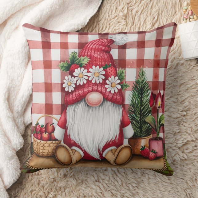 Whimsical Christmas gnome Red chequered pattern Cushion (Blanket)
