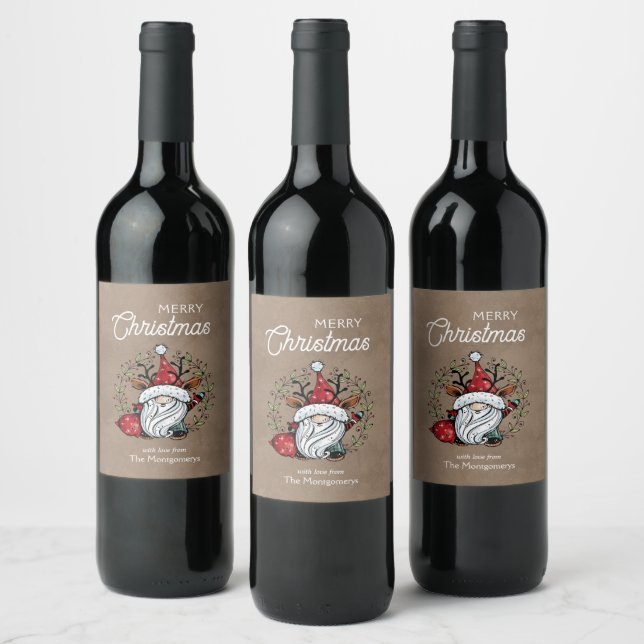Whimsical Christmas Gnome Wine Label (Bottles)